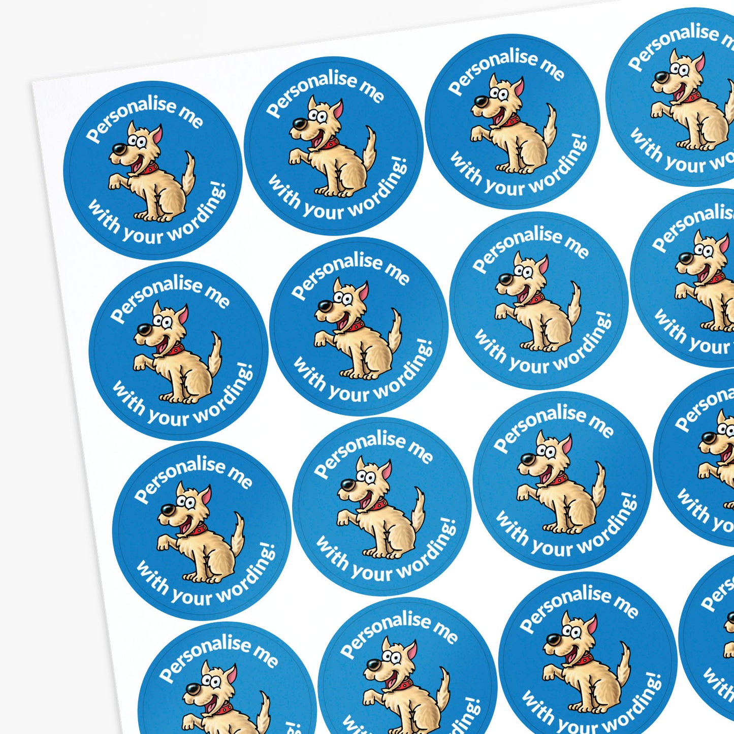 Blue stickers with a smiling dog as a central image.  'Personalise me with your wording!' 