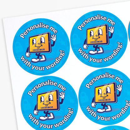 Set of round blue stickers with a cartoon character and text 'Personalise me with your wording!' on a white background.
