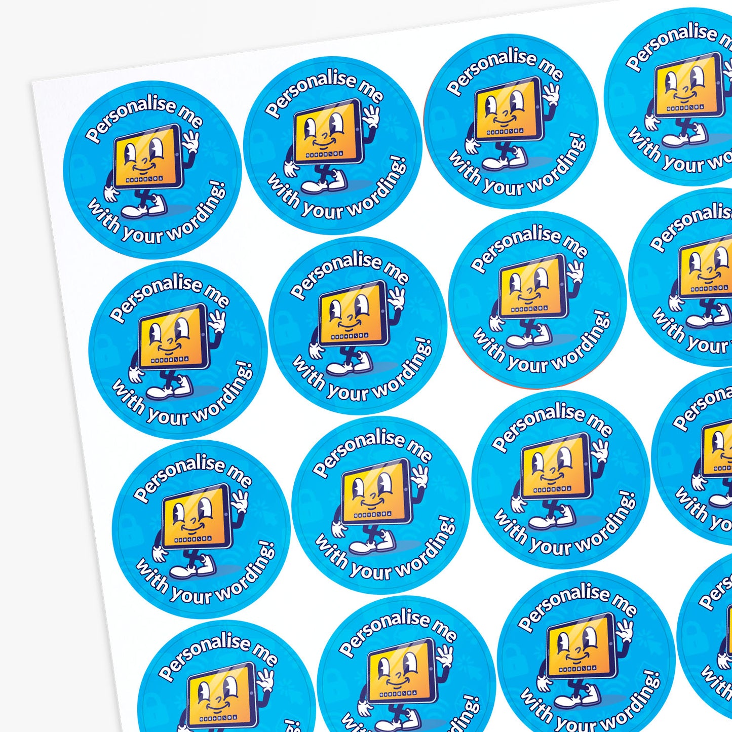 Circular stickers with a cartoon character and text on a white background