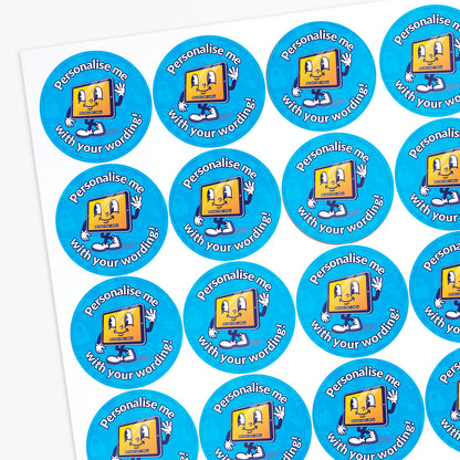 Circular stickers with a cartoon character and text on a white background
