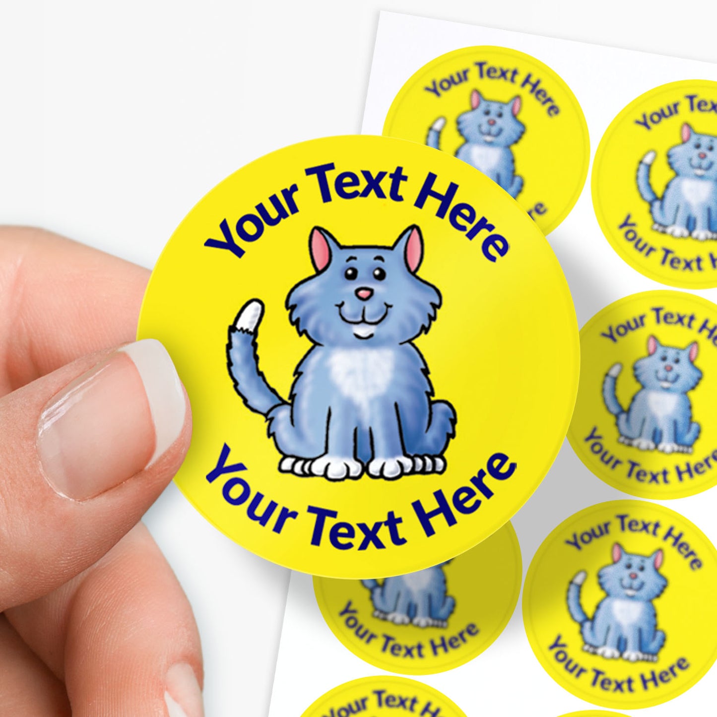 Yellow stickers with a cat as the central image.  Space for personalisation above and below the image.