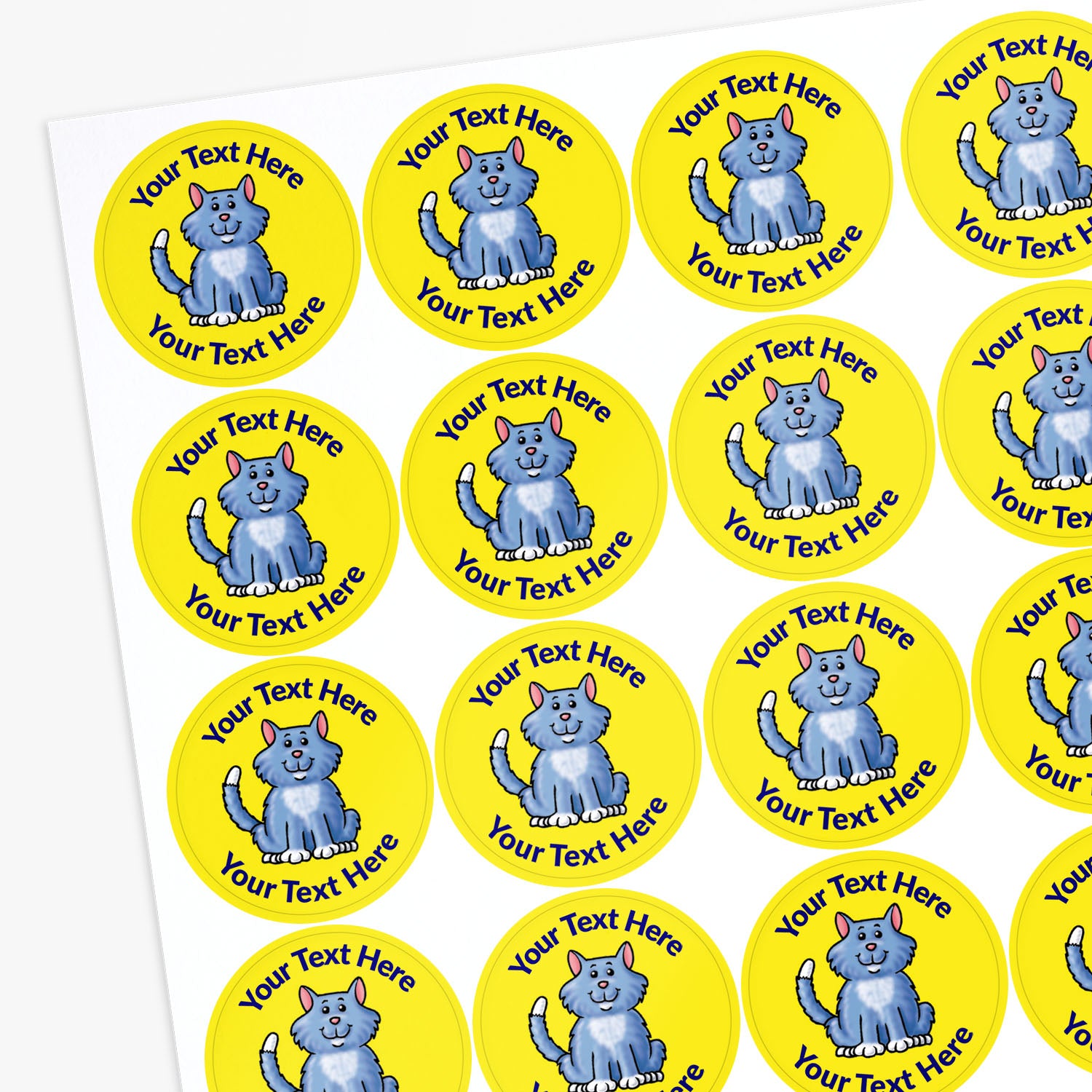 Yellow stickers with a cat as the central image.  Space for personalisation above and below the image.