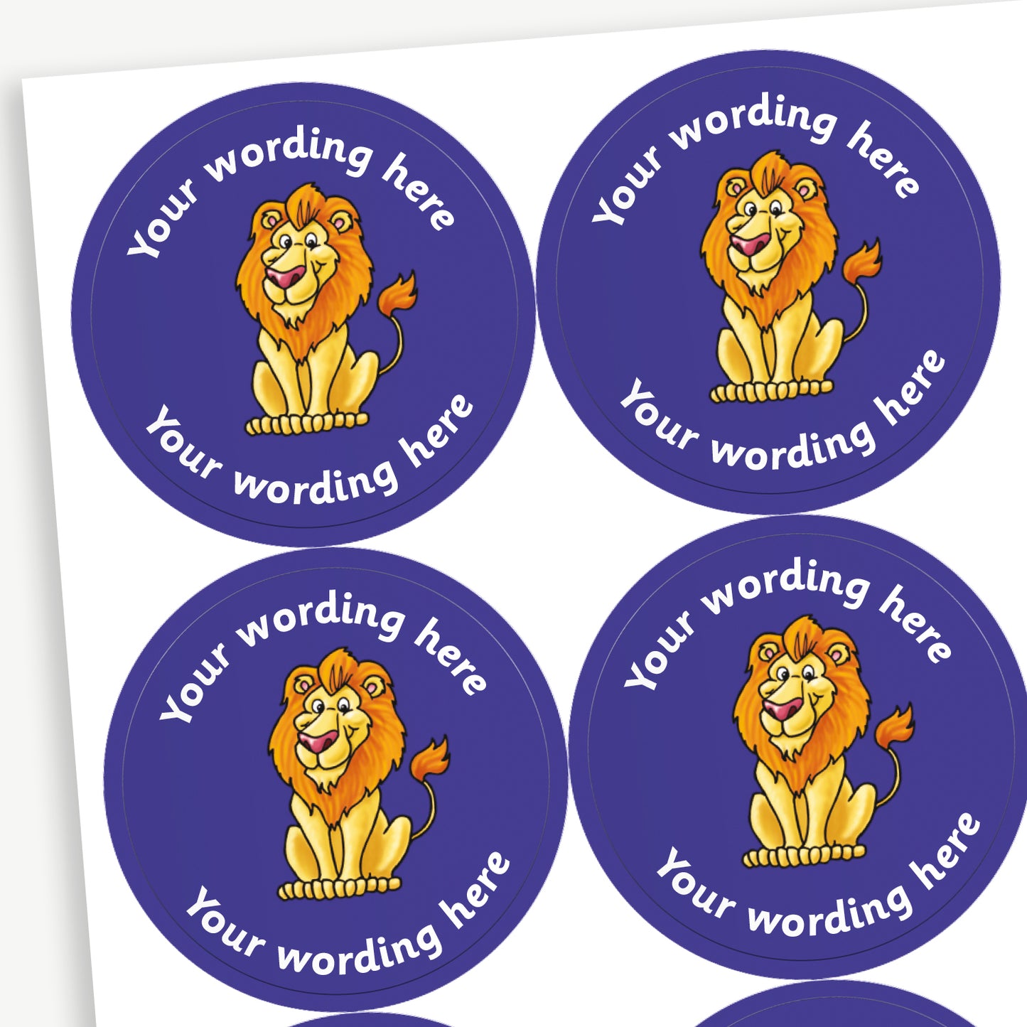A sheet of blue stickers featuring a cartoon lion in the centre.  Placeholder text 'Your wording here' is above and below the image.