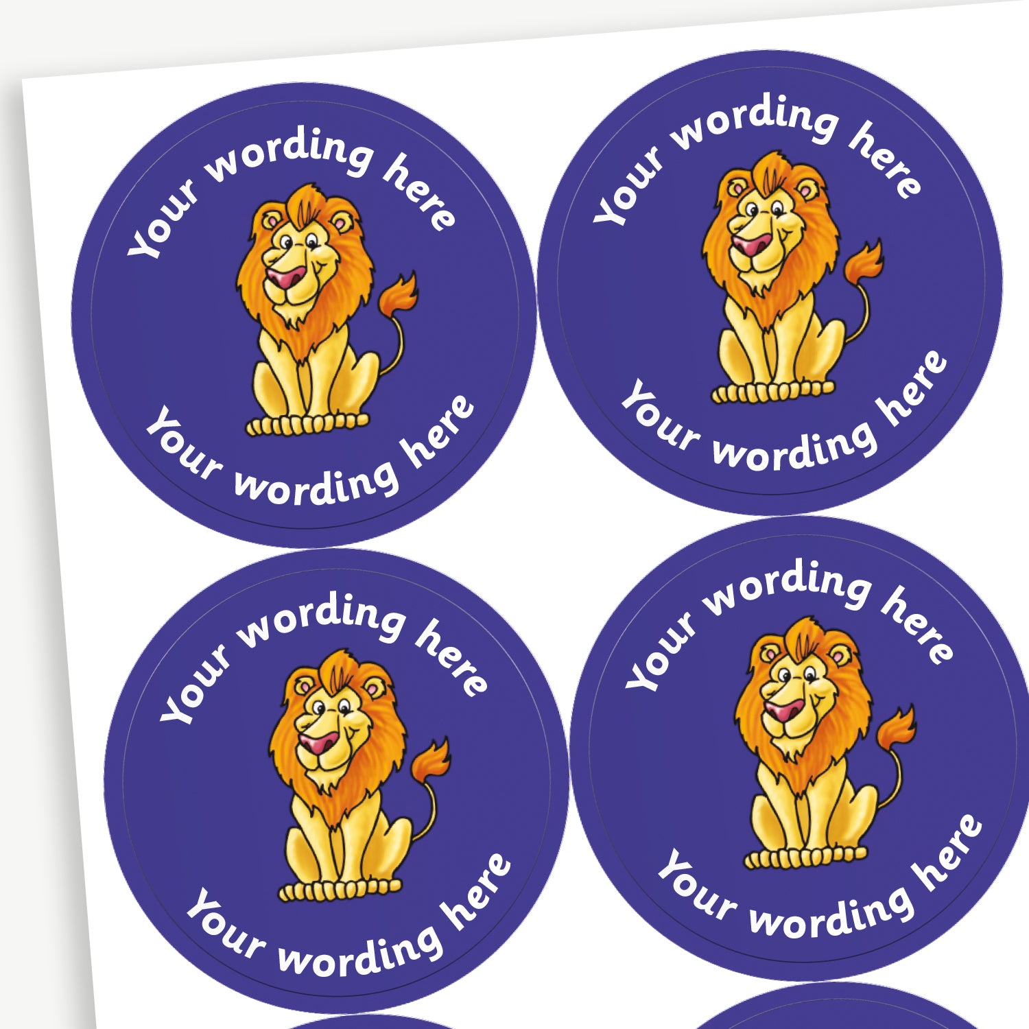 A sheet of blue stickers featuring a cartoon lion in the centre.  Placeholder text 'Your wording here' is above and below the image.
