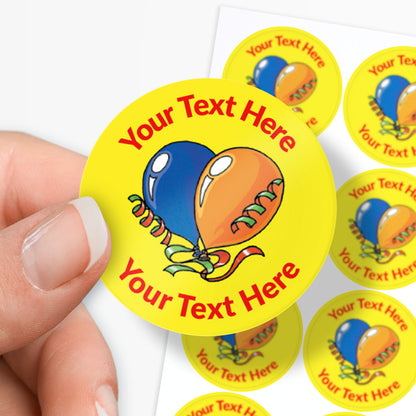 Yellow stickers with 2 party balloons as the central image.  Space for personalisation above and below the image.