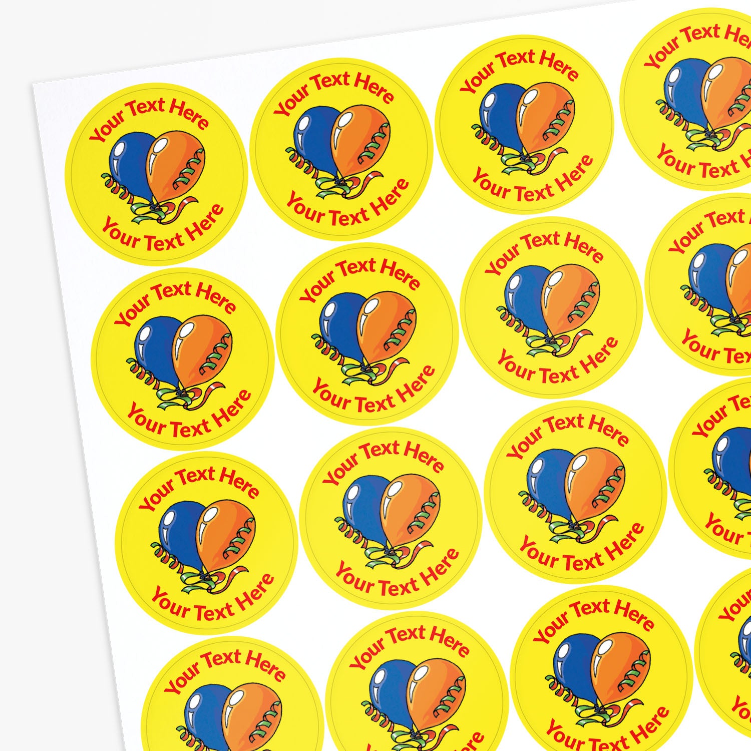 Sheet of personalized stickers with colorful balloons and customizable text area.