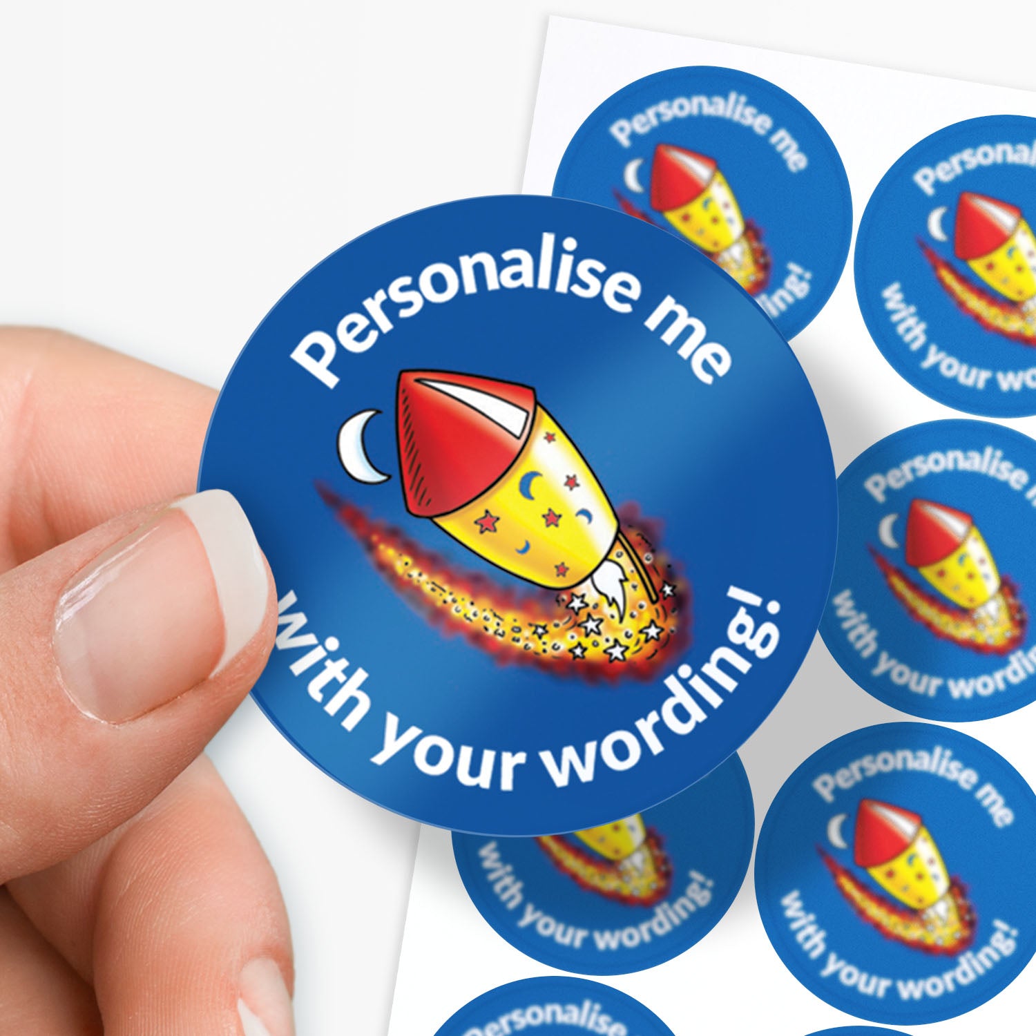 Blue stickers with a firework as the central image.  Space for personalisation above and below the image.