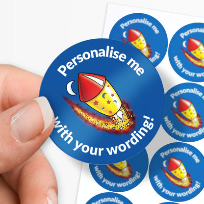 Blue stickers with a firework as the central image.  Space for personalisation above and below the image.