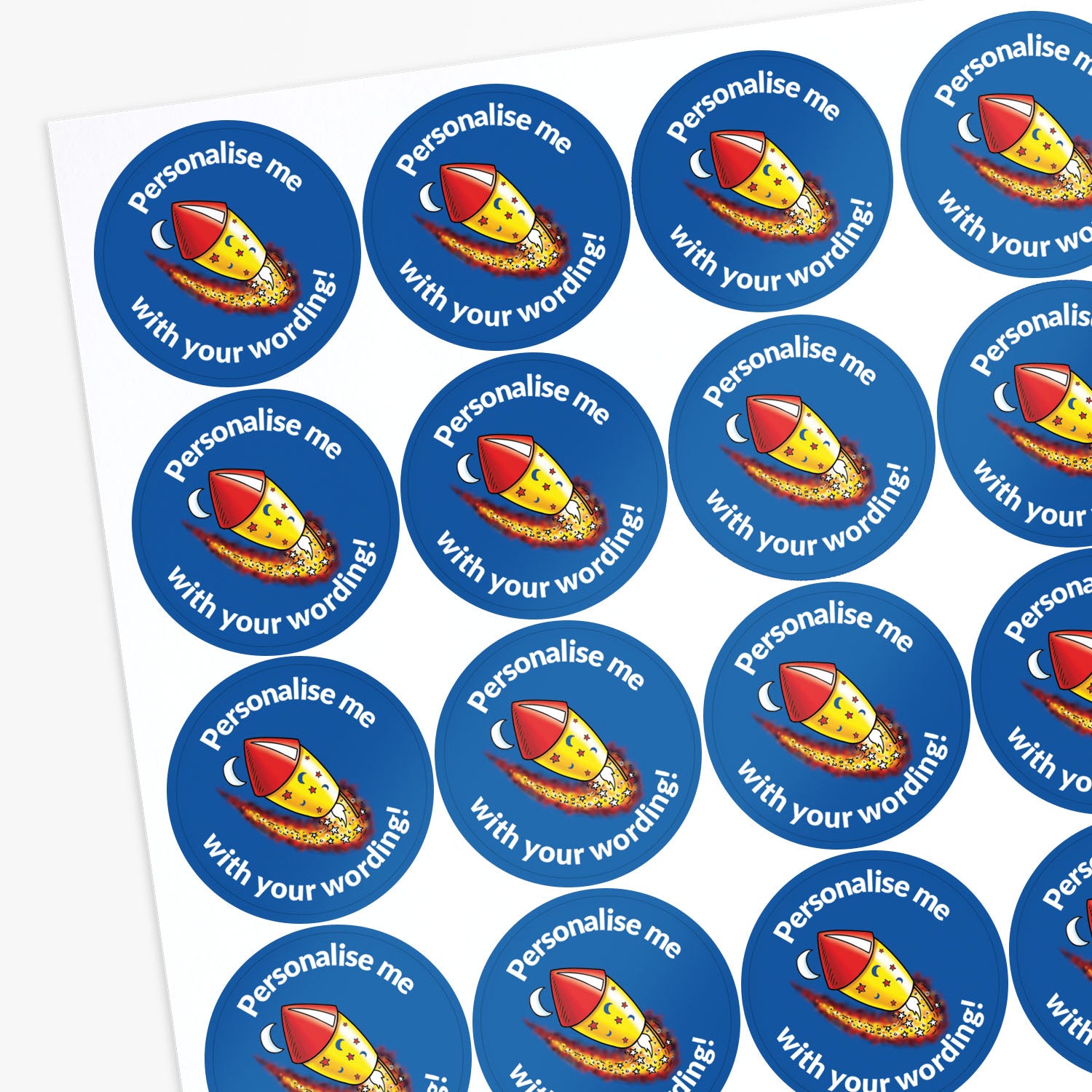 Blue stickers with a firework as the central image.  Space for personalisation above and below the image.