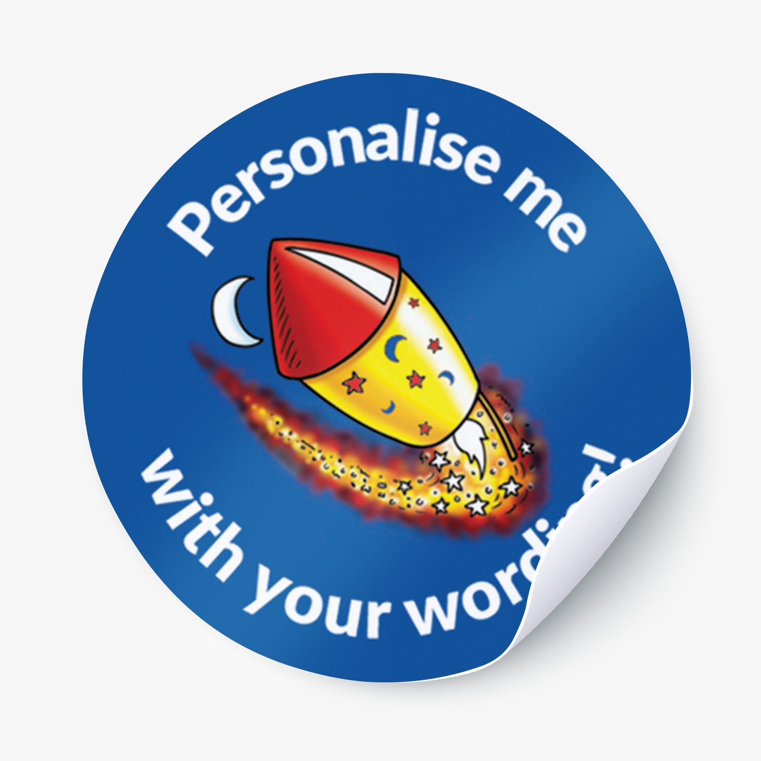 Blue sticker with a firework as the central image.  Space for personalisation above and below the image.