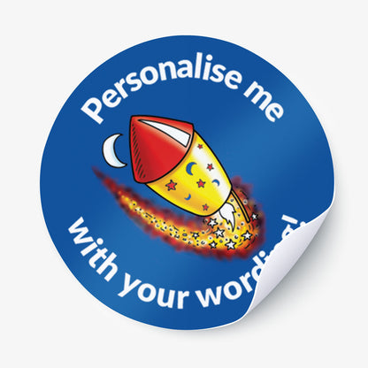 Blue sticker with a firework as the central image.  Space for personalisation above and below the image.
