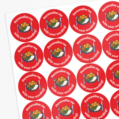 Red stickers with a plate of food as the central image.  Space for personalisation above and below the image.