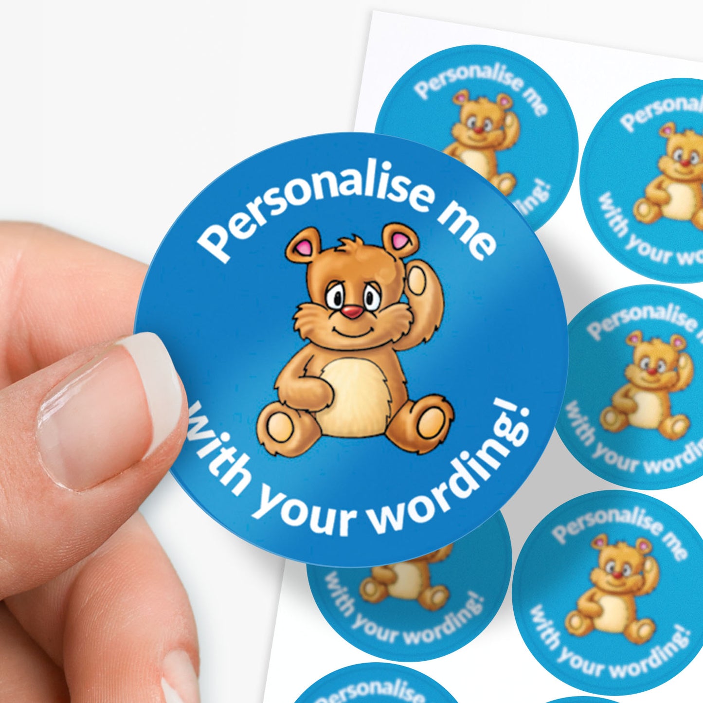 Blue stickers with a teddy bear as the central image.  Space for personalisation above and below the image.