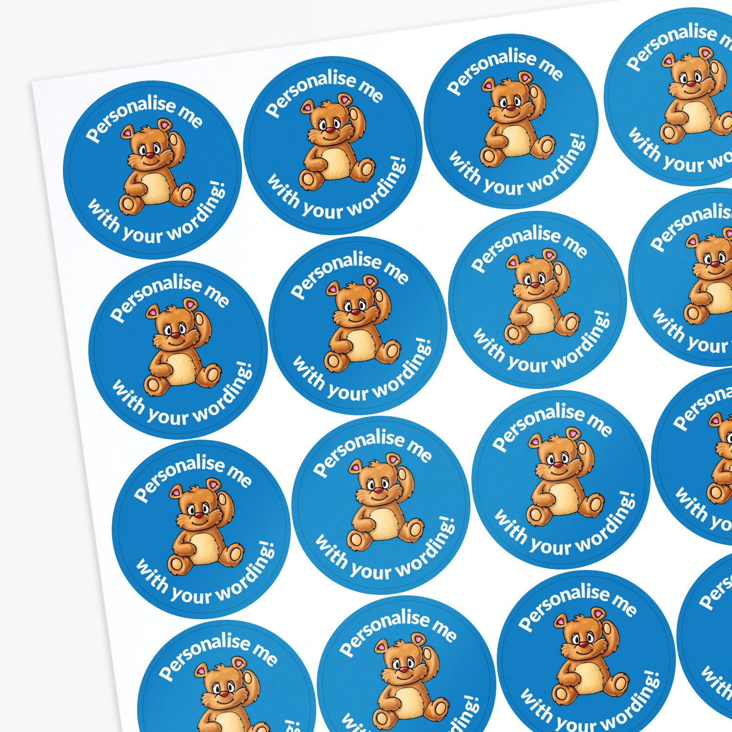 Blue stickers with a teddy bear as the central image.  Space for personalisation above and below the image.