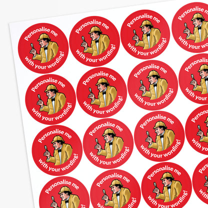 Red stickers with 'Sherlock Holmes' as the central image.  Space for personalisation above and below the image.