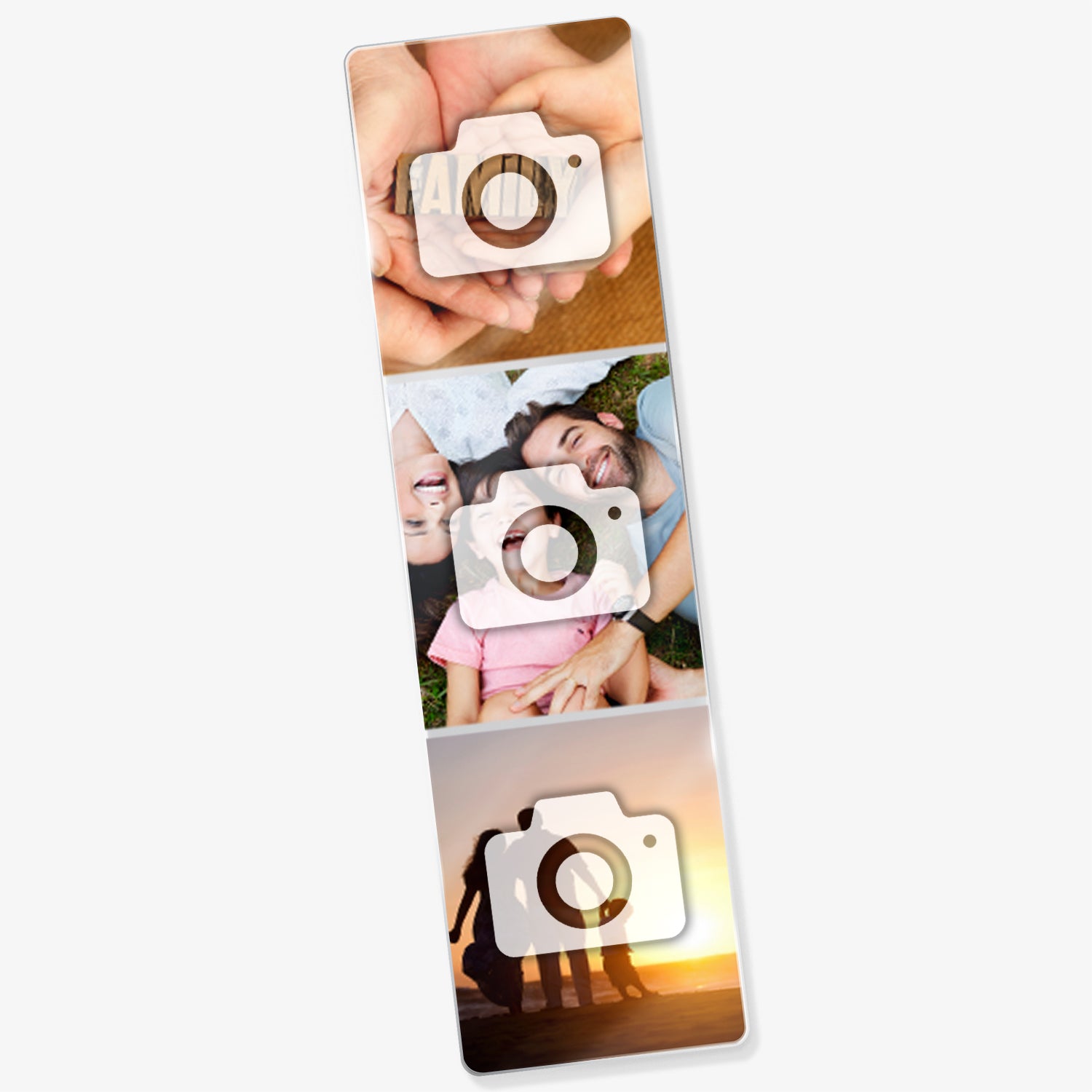 Acrylic bookmark with three photos uploaded vertically showing 3 separate family scenes with a camera icon overlaying each image to indicate customisation options.