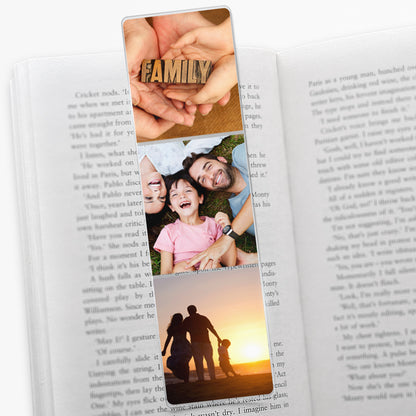 Acrylic bookmark with three photos uploaded vertically showing 3 separate family scenes laying inside a book.