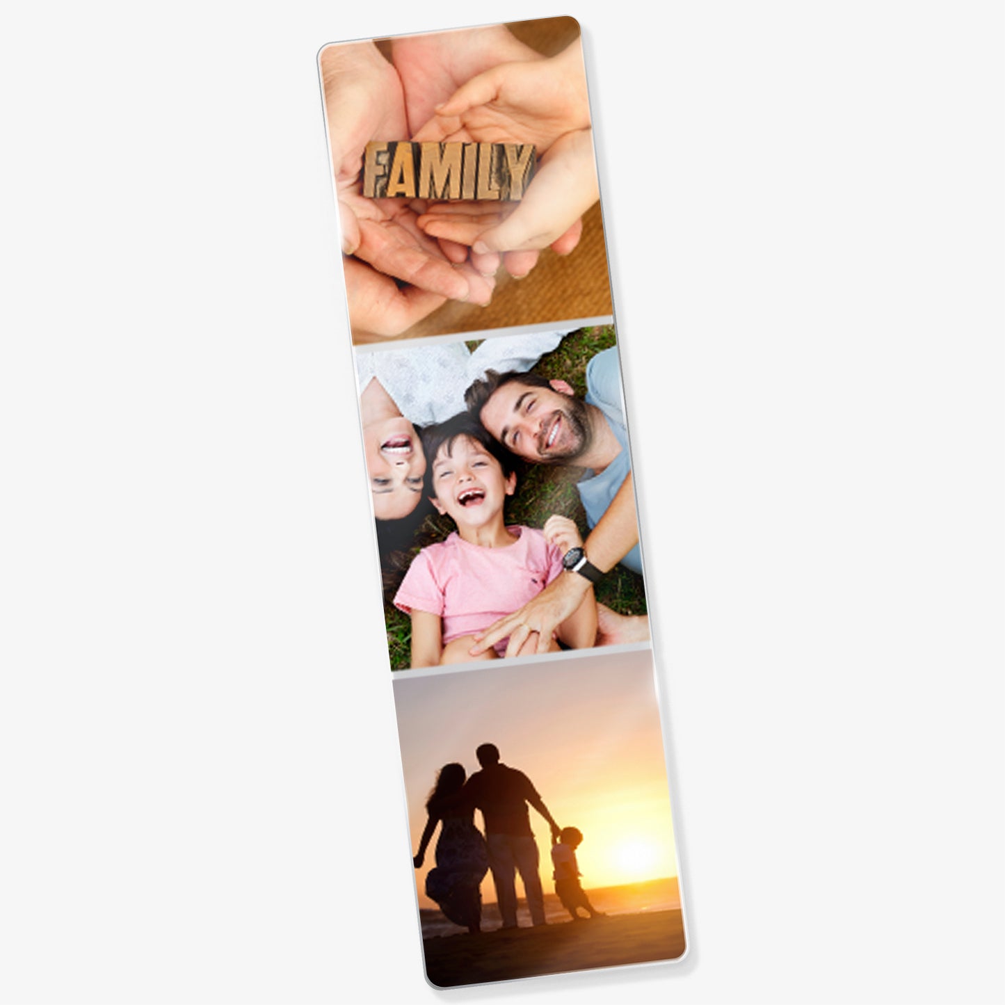 Acrylic bookmark with three photos uploaded vertically showing 3 separate family scenes.