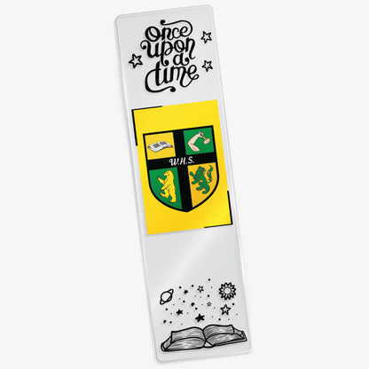 Decorative bookmark with a crest and text on a textured surface
