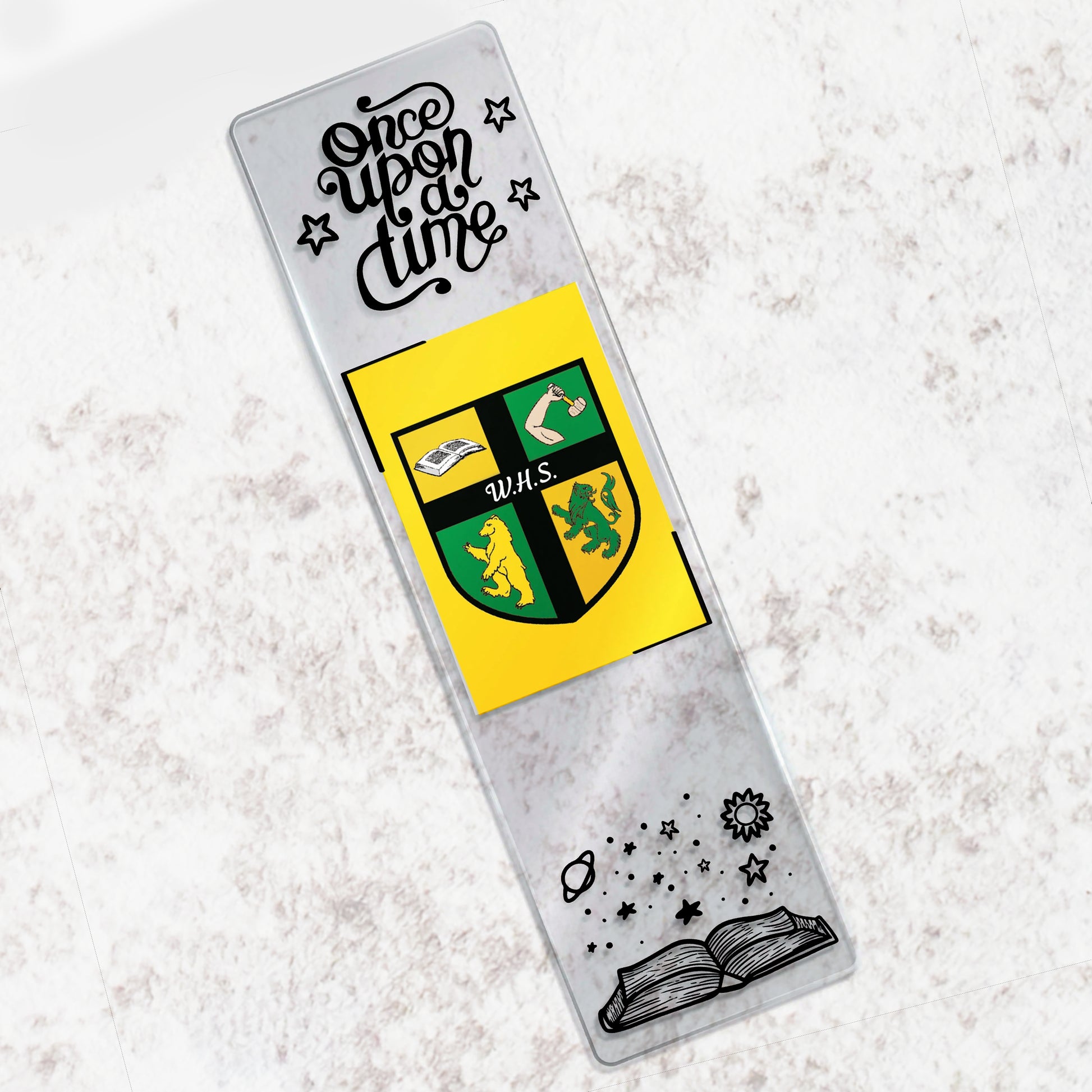 Decorative bookmark with a school crest and text on a textured surface
