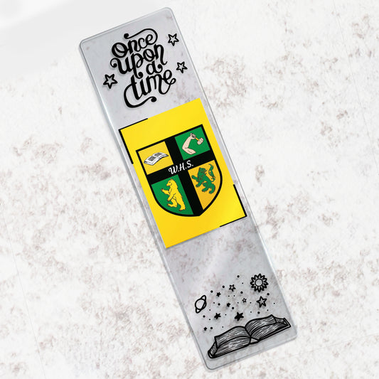 Decorative bookmark with a school crest and text on a textured surface