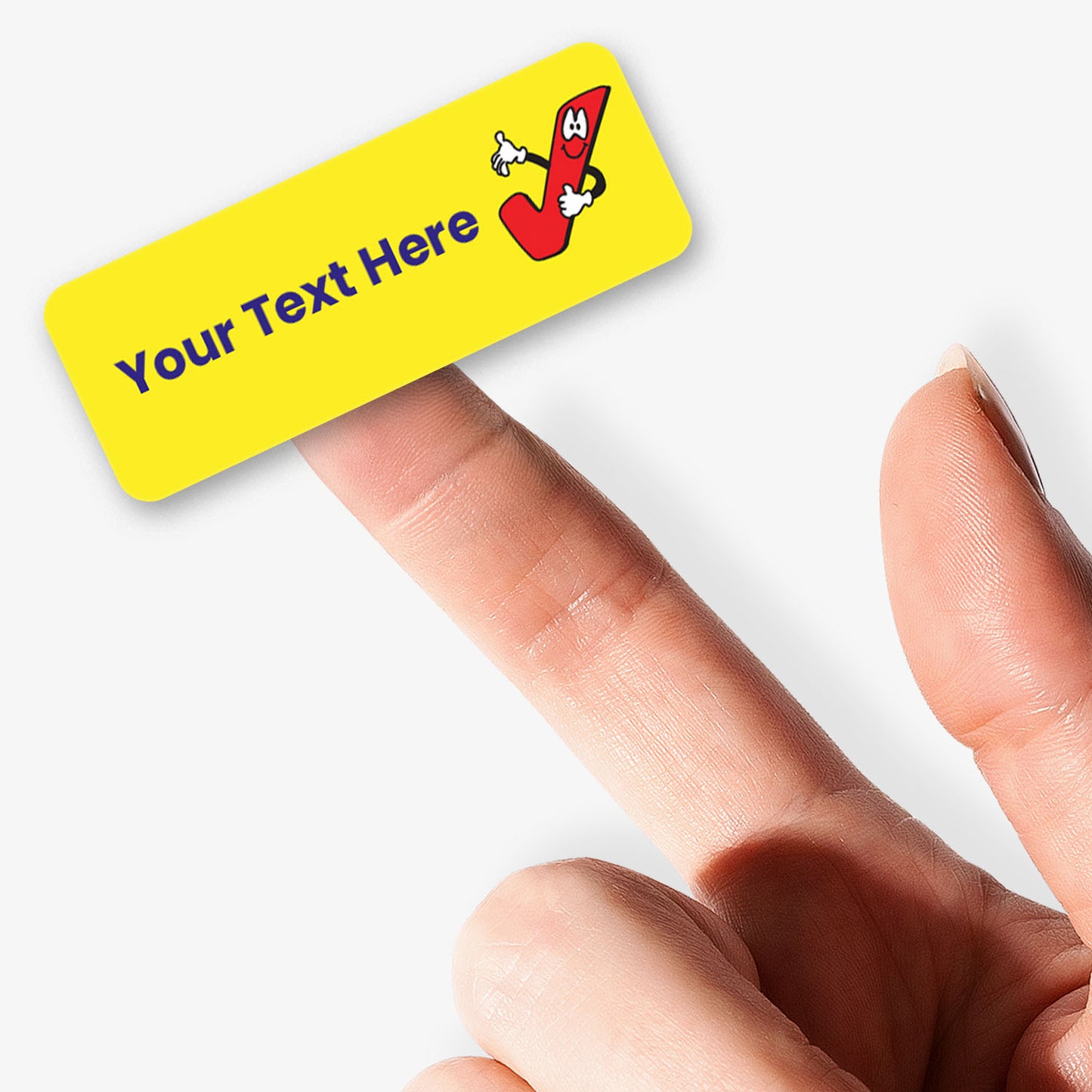Yellow label with cartoon tick character and customizable text area held by hand.