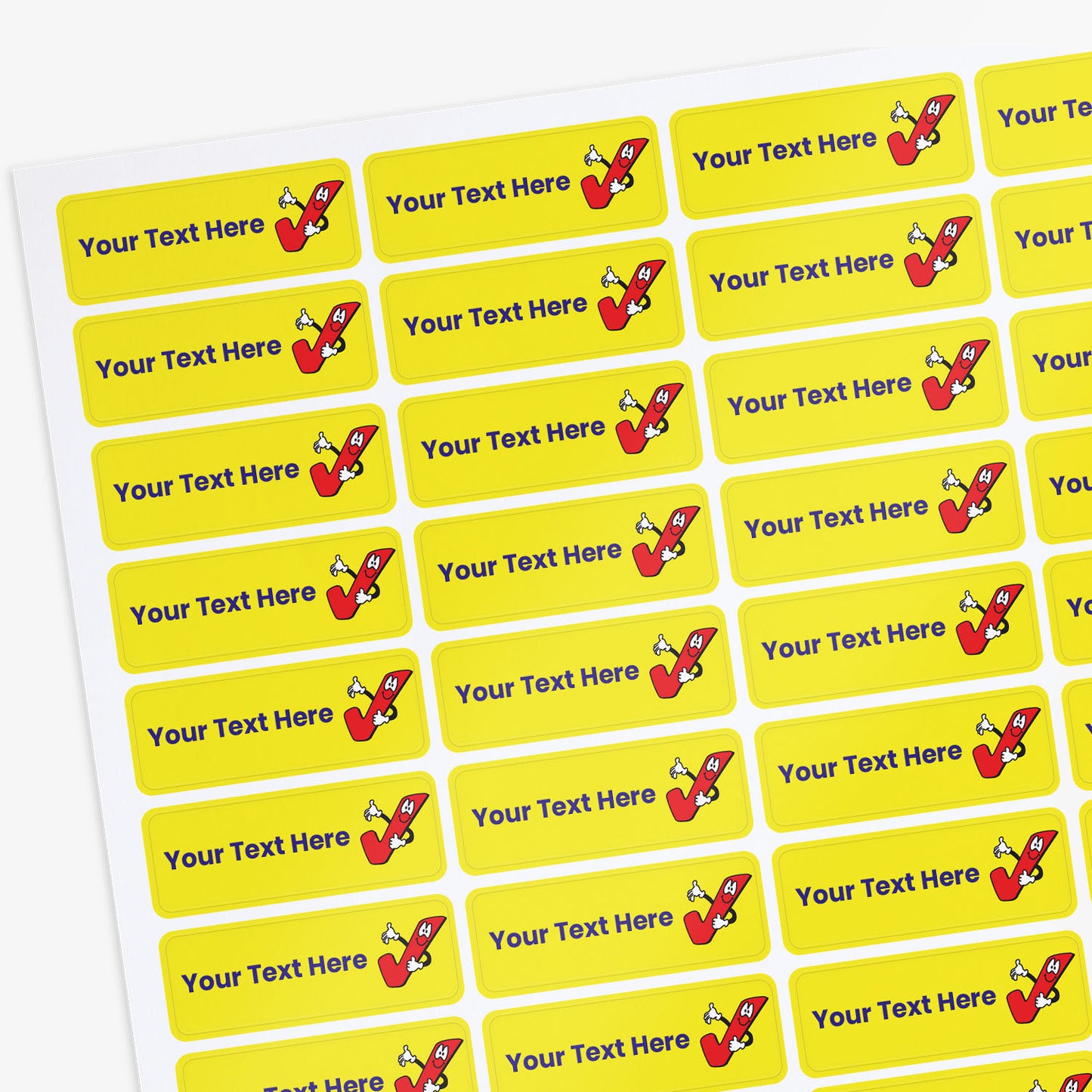 Sheet of Yellow labels with cartoon tick character and customizable text 