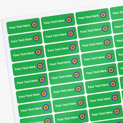 Sheet of Green stickers with white text and an arrow and target icon on a white background.