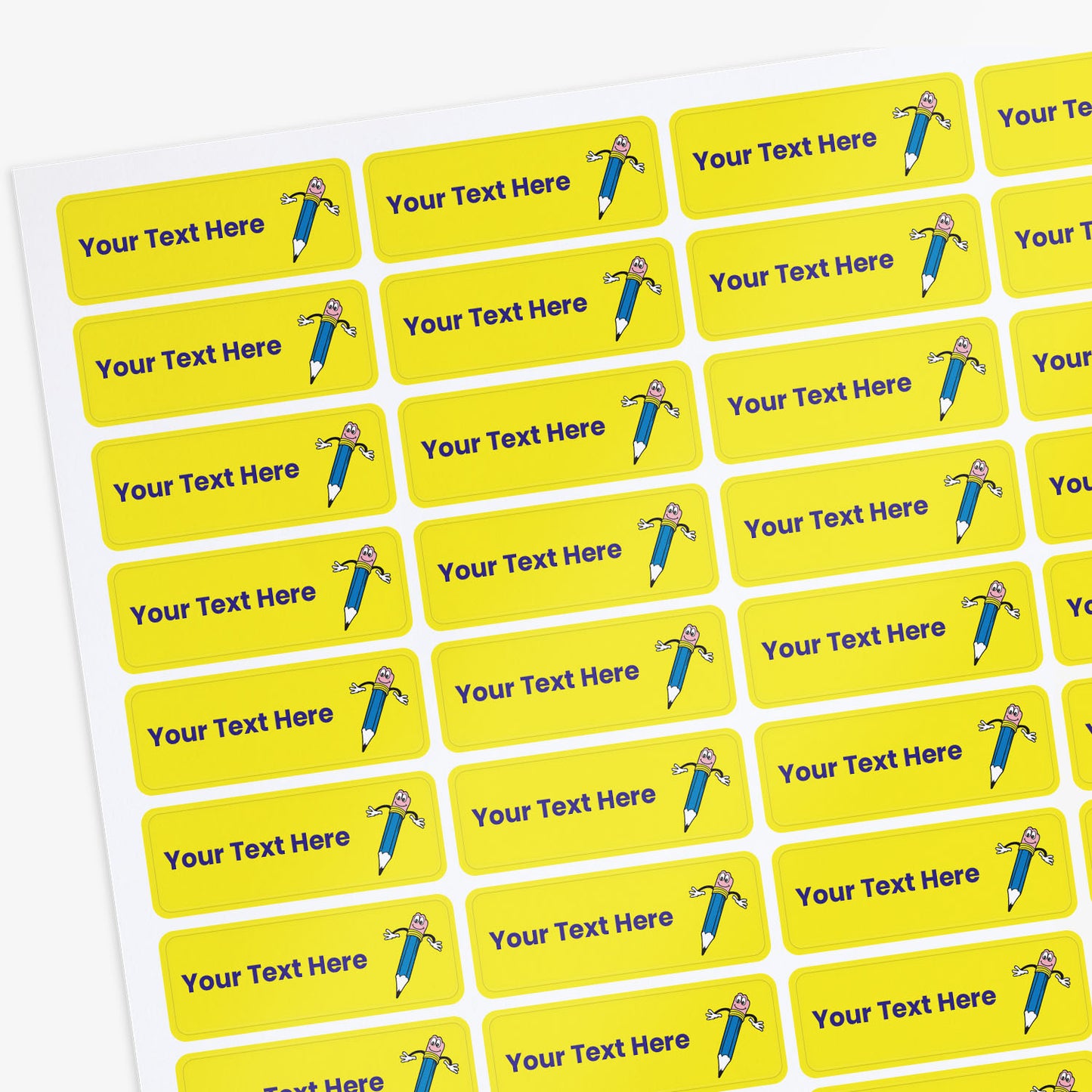 Sheet of yellow labels with cartoon character and pencil design, customizable text area.