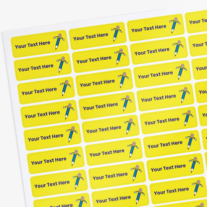 Sheet of yellow labels with cartoon character and pencil design, customizable text area.