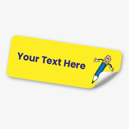 Yellow label with cartoon pencil character and customizable text area on a white background.