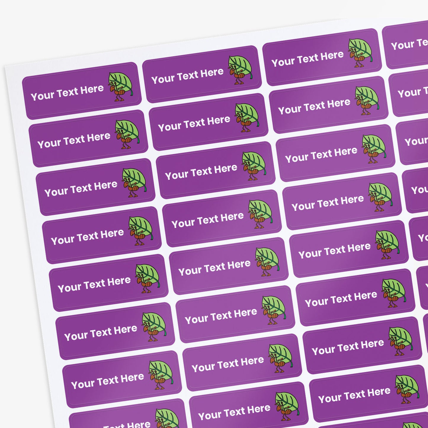 Sheet of Purple stickers with white text and an ant with leaf icon, on a white background.