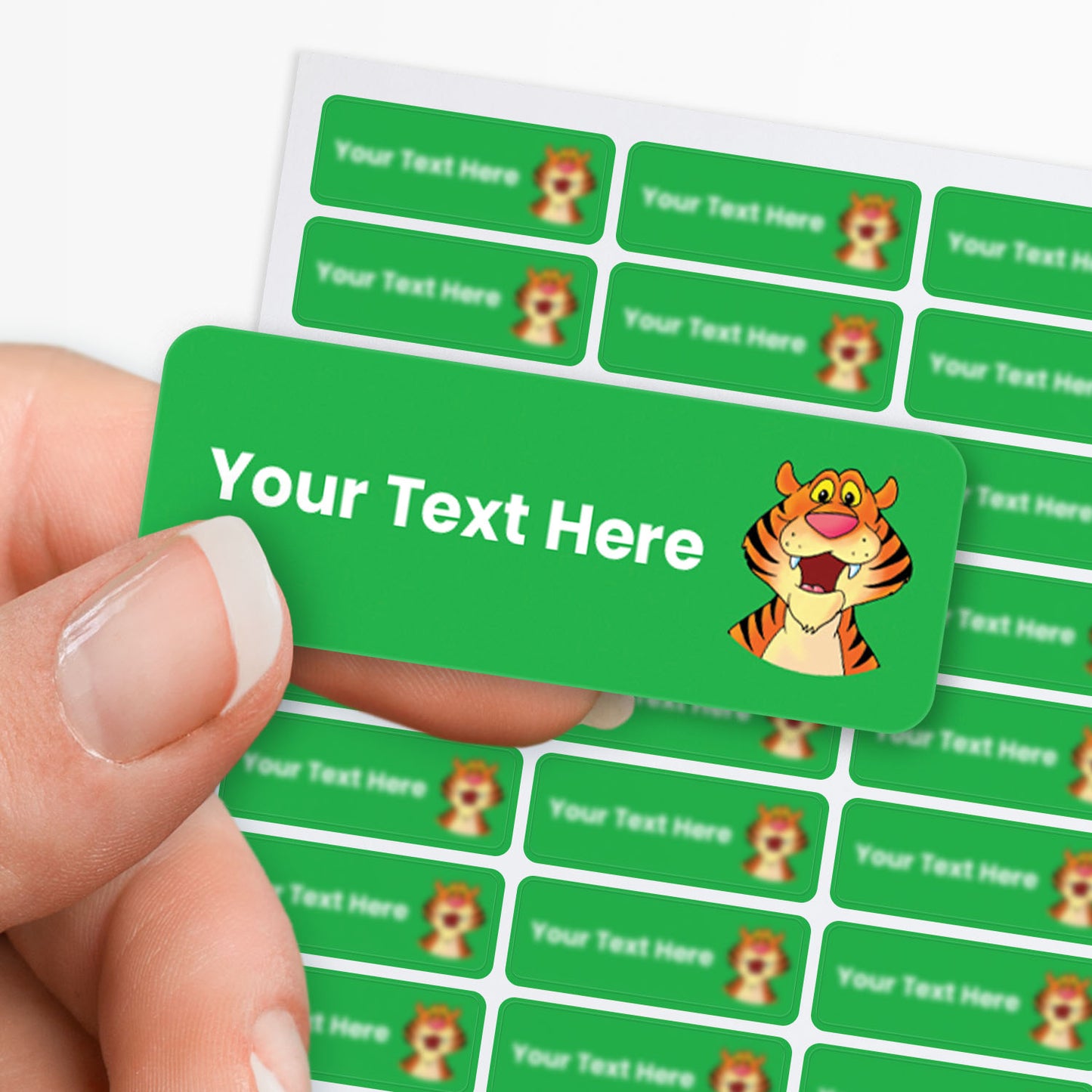 Sheet of Green stickers with white text and a Tiger icon