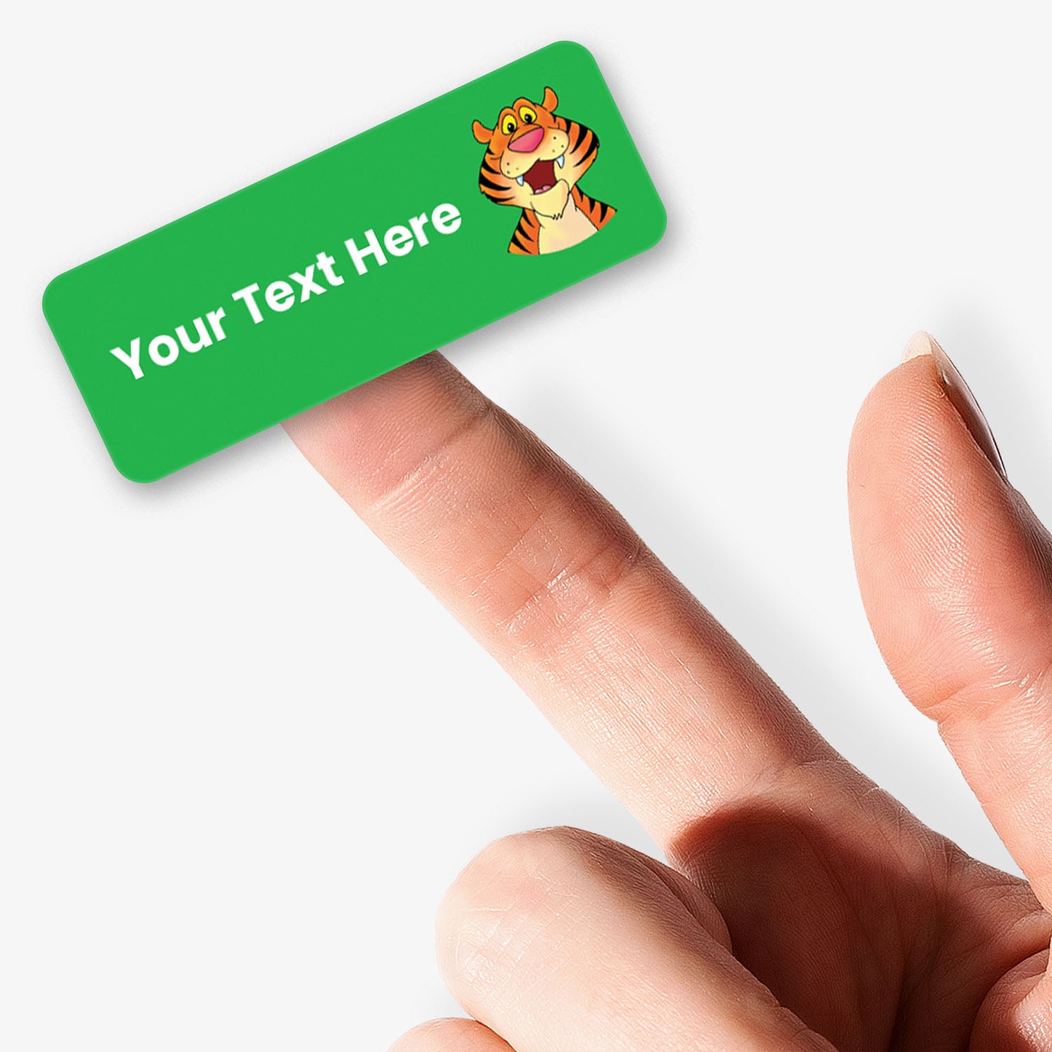 Sheet of Green stickers with white text and a tiger icon held by a hand