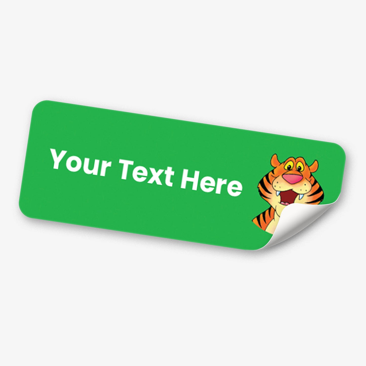 Green stickers with white text and a tiger icon on a white background