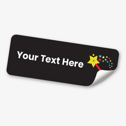 Personalisable black label with text placeholder and colorful star wand design on a white background.