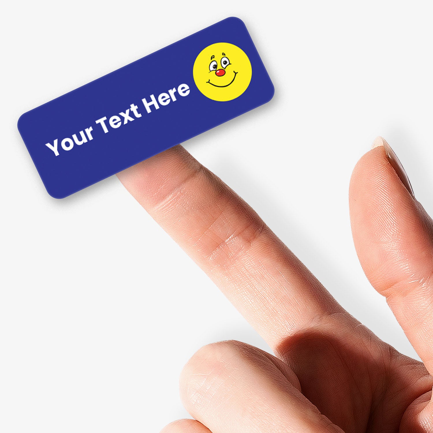 Blue stickers with white text and a yellow smiley icon held by a hand