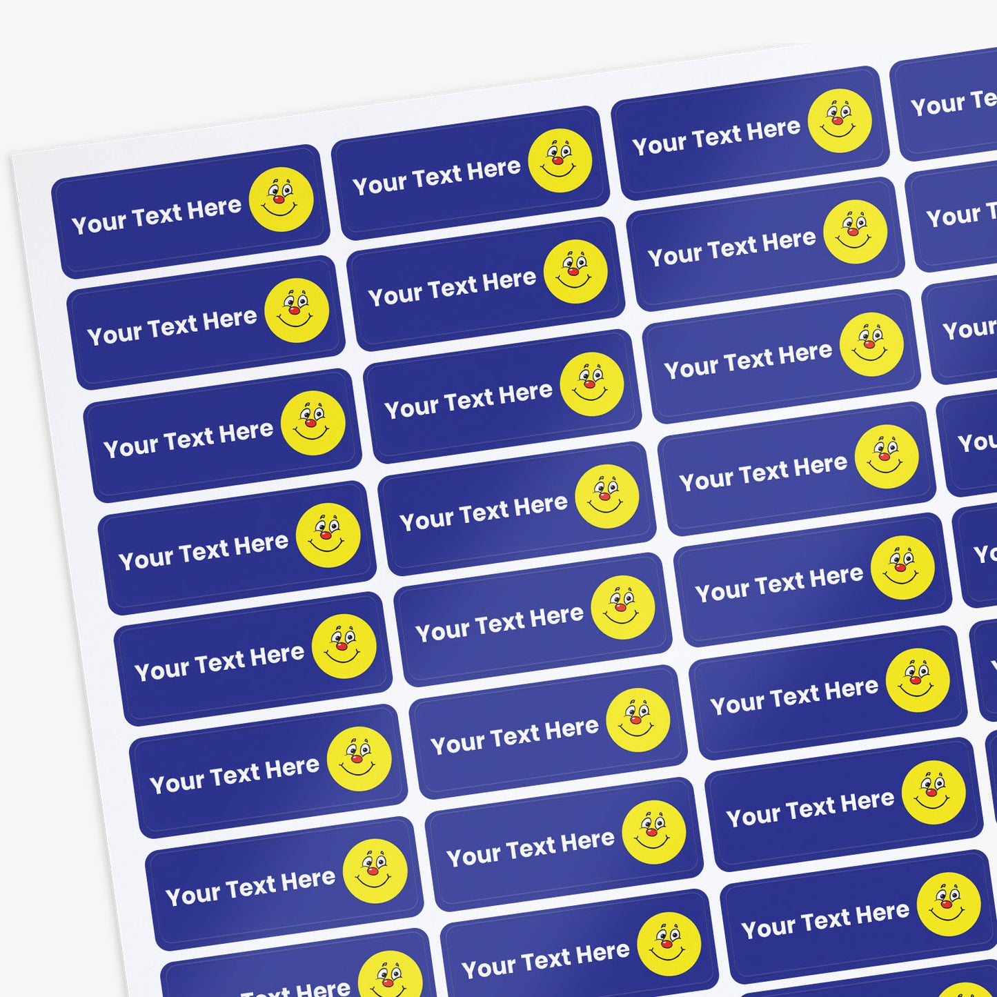 Sheet of Blue stickers with white text and a yellow smiley icon