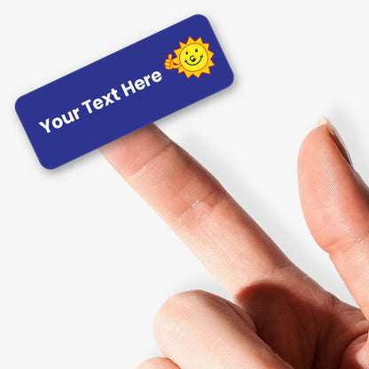 Blue stickers with white text and a sunshine with thumbs up icon held by a hand