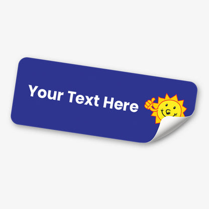Blue stickers with white text and a sunshine with thumbs up icon on a white background