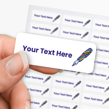 Personalised sticker with fountain pen design and customisable text held by hand with sheet of stickers in the background.