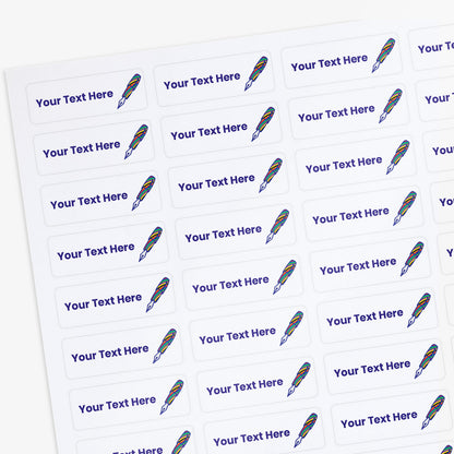 Sheet of personalized stickers with fountain pen designs and customisable text.