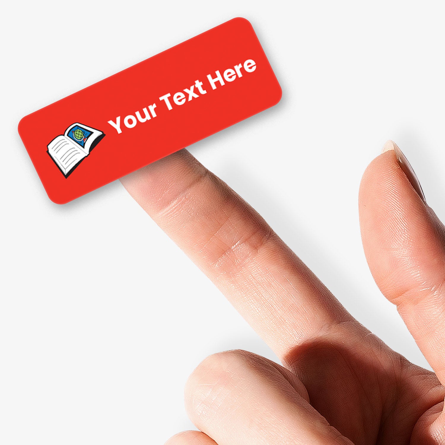 Sheet of Red stickers with white text and a book icon held by a hand.