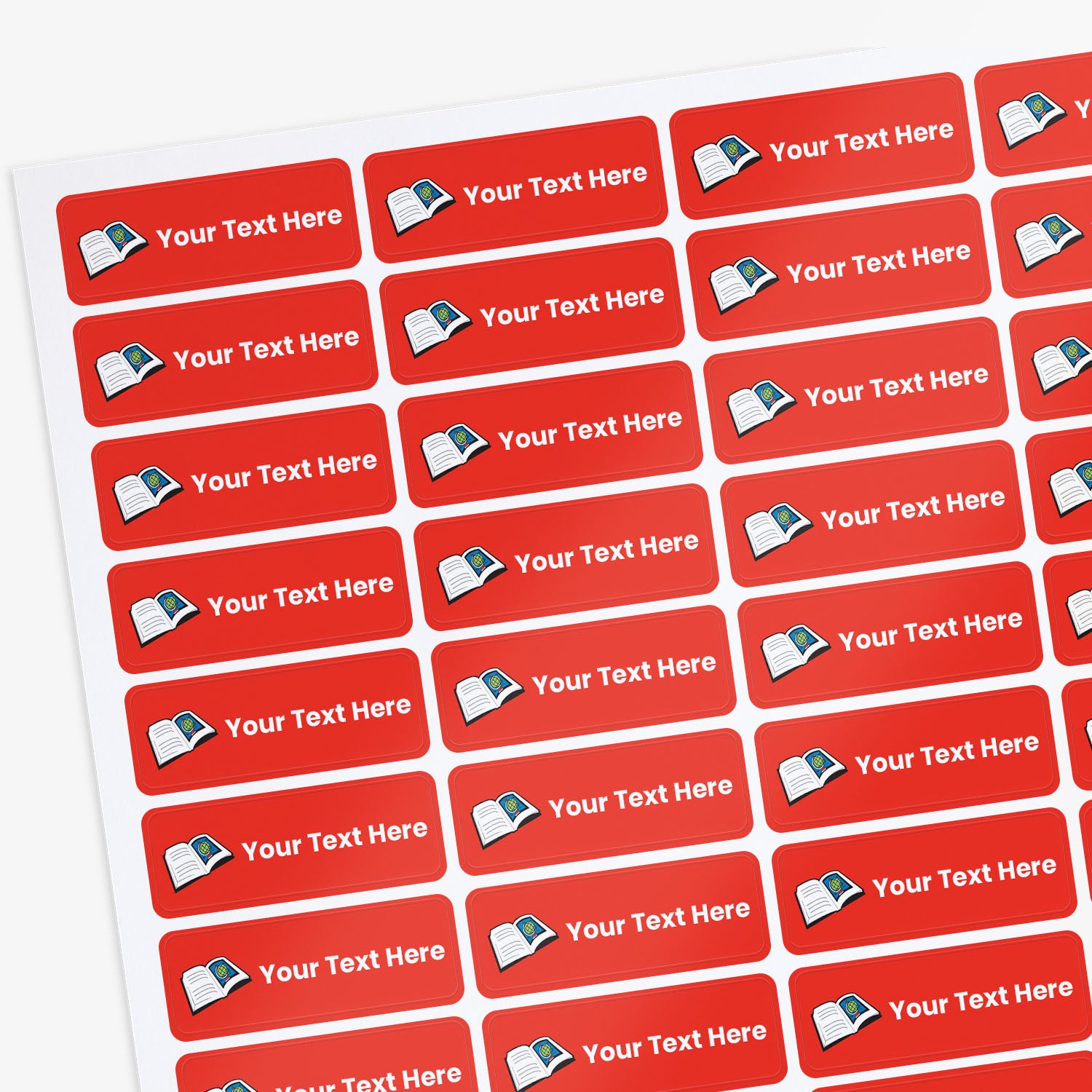 Sheet of Red stickers with white text and a book and icon on a white background.
