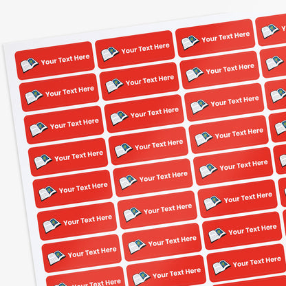 Sheet of Red stickers with white text and a book and icon on a white background.