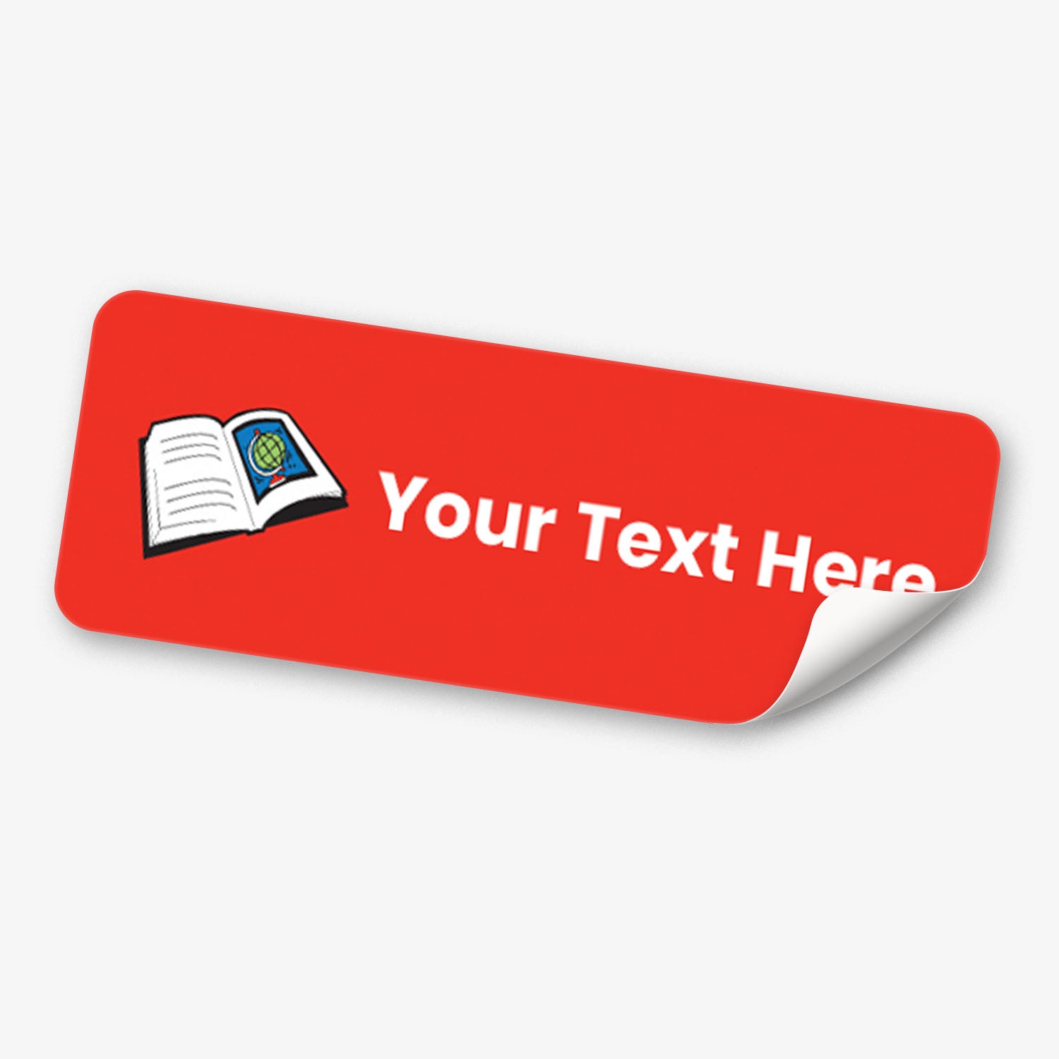 Red stickers with white text and a book icon on a white background.