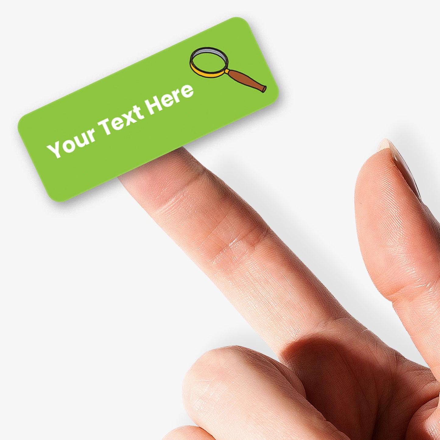 Green label with text placeholder held by a hand on a white background