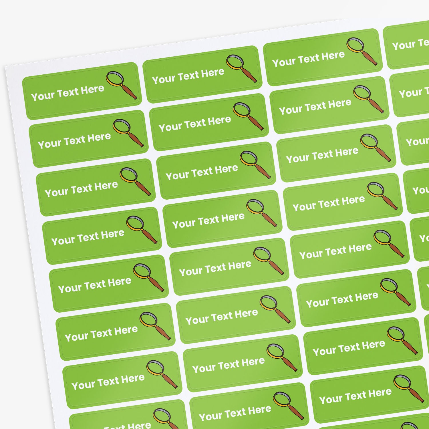 Sheet of green labels with red tennis racket icon and 'Your Text Here' text