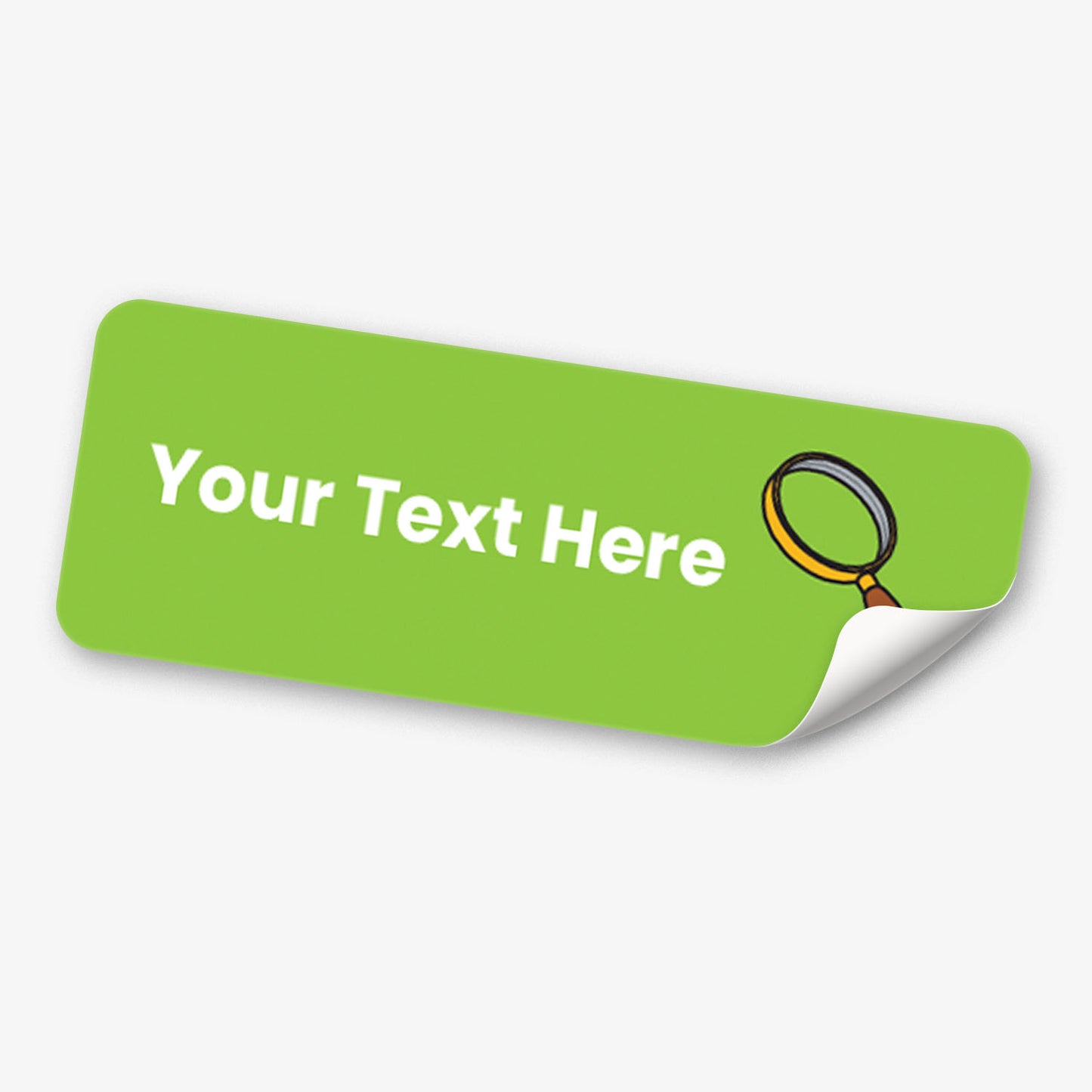 Green sticker with white text and a magnifying glass icon on a white background.