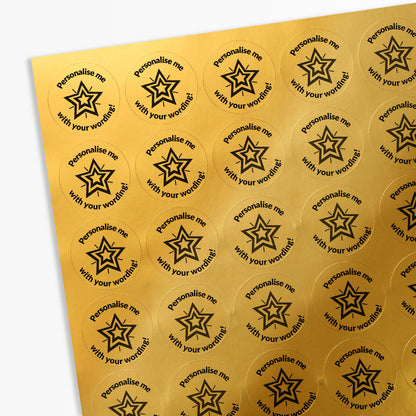 Sheet of gold stickers with a black star in the middle and text 